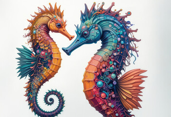 Two Colorful Seahorses Looking at Each Other on White Background