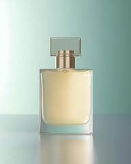Elegant square perfume bottle with a clear cap and golden accents set against a soft gradient blue background.