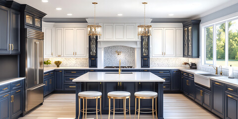 Elegant kitchen featuring navy and white cabinetry a central island with seating and bright natural light.