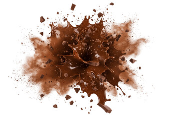 Chocolate blast with pieces on transparent background, chocolate burst png, chocolate splash, explosion png