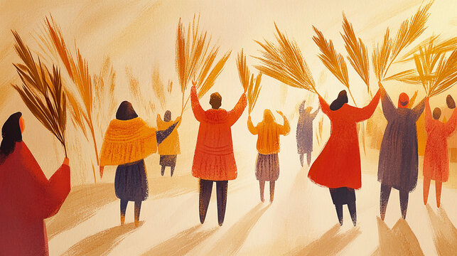 Jesus’ triumphant entry into Jerusalem, people waving palm branches, warm golden light