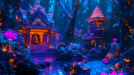 Fototapeta premium A serene jungle with glowing plants and hindu temple, fantasy. Bioluminescent Jungle Temple. Illustration