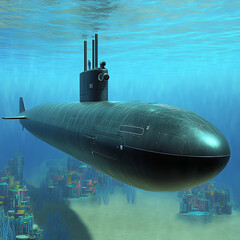 Submarine gliding through clear blue water with coral reefs visible on the sandy ocean floor below.