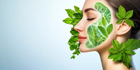 Profile of woman with eyes closed enhanced skin with leaves and green overlay suggesting natural beauty or skincare.