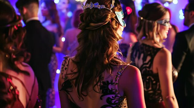 An elegant masquerade ball celebrates a birthday with guests in stunning attire and ornate masks, creating a night of enchantment and mystery in a lavish venue adorned with rich decorations