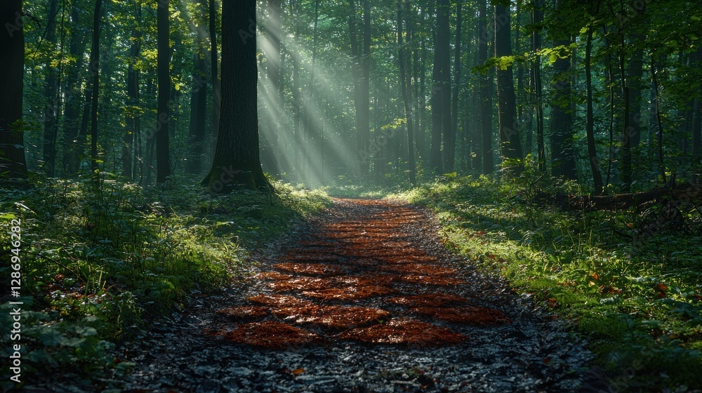 Poster sun rays shining through trees on forest path in morning
