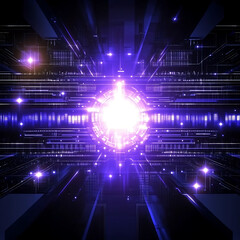 Obraz premium A futuristic abstract scene with a bright central orb emitting light and energy through complex interconnected lines and structures.