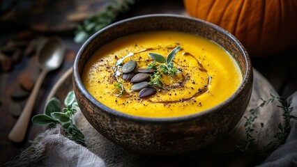 Creamy pumpkin soup in rustic ceramic bowl with fresh herbs and seeds.