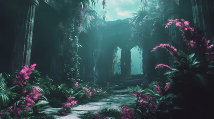 Fototapeta premium Alien jungle with oversized flora and fauna, glowing plants towering over an ancient, mystical temple hidden deep in the forest. Bioluminescent Jungle Temple. Illustration