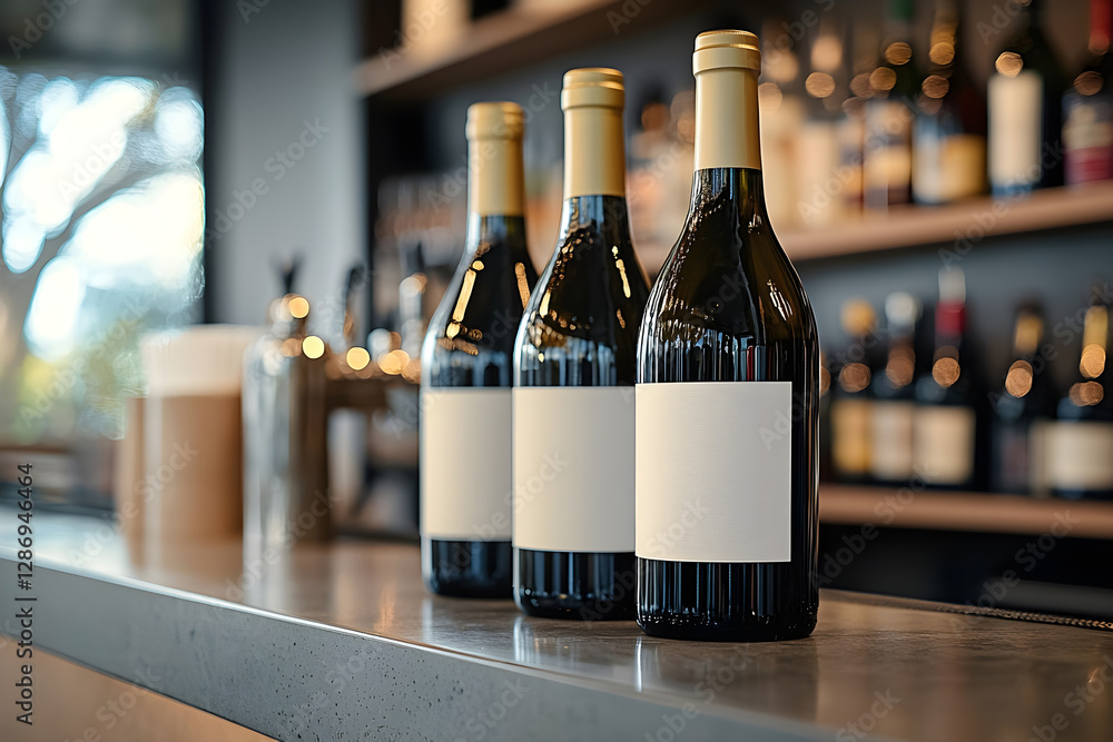 Poster variety of wine bottles with blank labels displayed on a sleek bar countertop. generative ai.