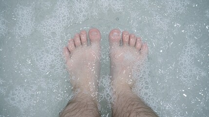 Fototapeta premium Feet in soapy bathwater, top view