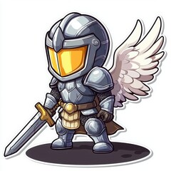 Adorable chibi-style illustration of a winged knight, clad in silver armor and wielding a sword.  The character's helmet features a bright gold visor.