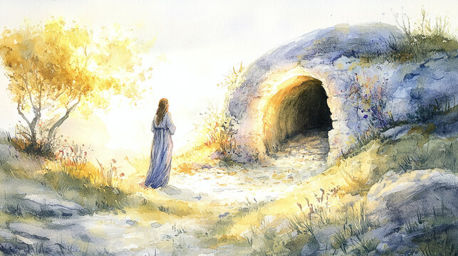 Mary Magdalene discovering the empty tomb at dawn, glowing light from within the cave