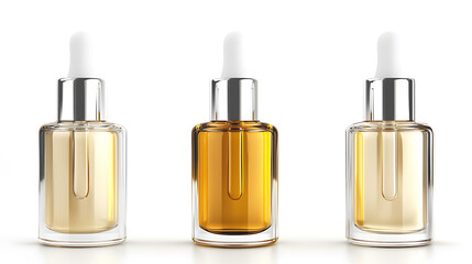 Naklejka premium Three clear dropper bottles containing golden liquid arranged in a row on a white surface showcasing their varying shades.