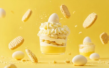Floating banana pudding cups with wafer cookies on a radiant yellow background Easter Day