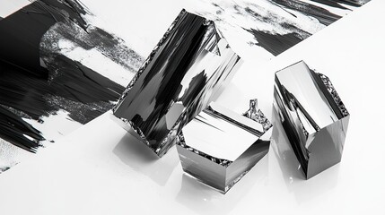 Minimalist black-and-white paint strokes mixed with geometric shapes cut from holographic material