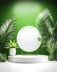 White circular frame on a pedestal surrounded by lush green tropical foliage against a vivid green backdrop.
