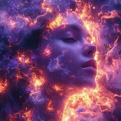 Fototapeta premium Woman with Fire and Flowers Mystical Portrait with Butterfly