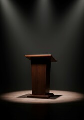 A grand empty stage podium(tribune), centered in a large hall, awaiting a speaker or presentation.
