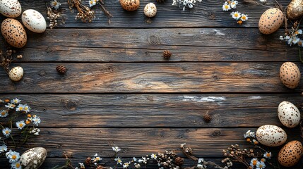 Rustic Easter background with decorative eggs. Generative AI