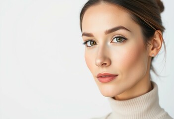 Obraz premium Photorealistic portrait of a woman with neutral makeup and simple clothing