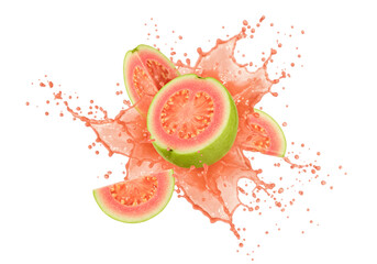 Guava Juice burst isolated on transparent background with guava pieces png, guava explosion png
