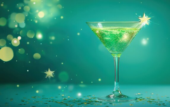 Floating glowing green martini with star-shaped ice on bright teal background Saint Patrick Day - Powered by Adobe