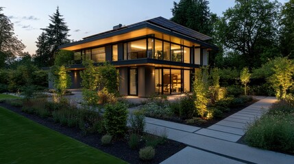smart home integration, at twilight, a modern smart home maximizes energy efficiency with rooftop solar-powered led lighting, demonstrating a blend of sleek design and renewable energy