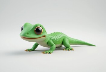 Fototapeta premium Adorable Green Cartoon Lizard with Big Eyes on White Background