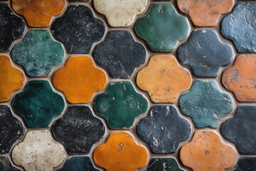 Fototapeta premium Colorful hexagonal tiles display intricate patterns in a rustic setting on a timeless floor design