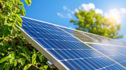 Fototapeta premium sustainable energy residences, solar panels on a modern eco-home with the sky and greenery reflecting renewable energy