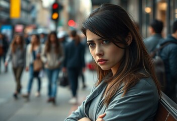 Fototapeta premium Candid portrait of a stressed female urbanite in a city environment