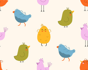 Childish birds seamless pattern. Colorful spring birds seamless pattern. Cute childish illustration