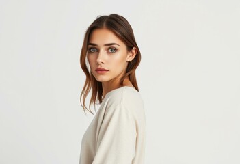 Fototapeta premium Female portrait with neutral makeup and simple clothing