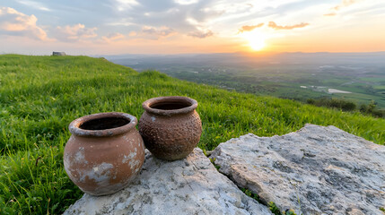 Naklejka premium Sunset Hilltop Pottery Landscape