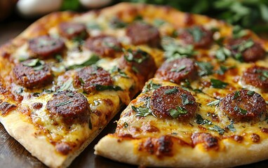 Floating Irish-style sausage pizza with melted cheddar and golden crust