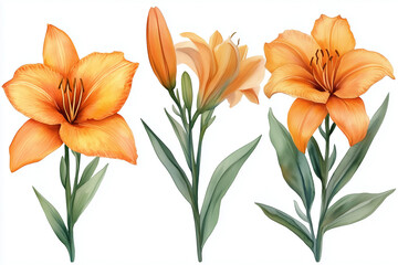 Obraz premium Set of Watercolor orange daylily. Illustration clipart isolated on white background.