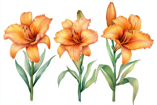 Set of Watercolor orange daylily. Illustration clipart isolated on white background.