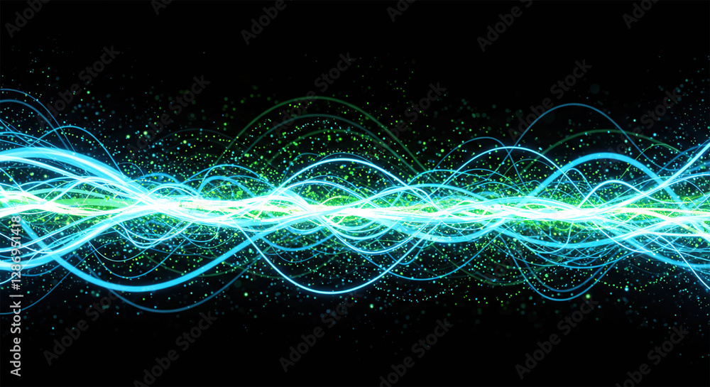Poster light blue and green lines glowing in the background, data particles floating in the air.