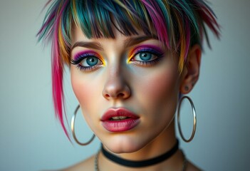 Edgy young woman with rainbow-dyed hair and bold makeup