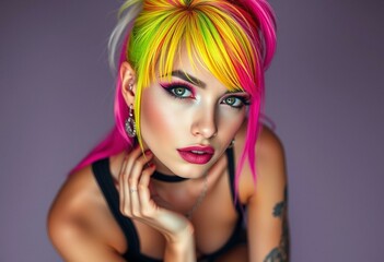 Naklejka premium Photorealistic portrait of a young woman with rainbow-dyed hair and edgy makeup