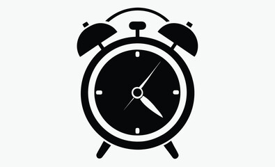 alarm clock silhouette, black and white vector icon, time management symbol, wake-up clock illustration, silhouette black and white alarm clock, classic retro clock design 