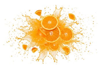 Oranges with slices and juice exploding on transparent background, Orange bursting with juice and pieces on png background