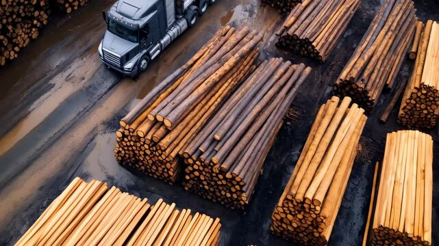 Timber transport: A truck loaded with logs navigating a lumber yard in the afternoon