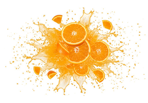 Oranges with slices and juice exploding on transparent background, Orange bursting with juice and pieces on png background