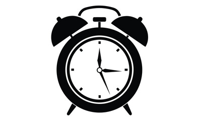 alarm clock silhouette, black and white vector icon, time management symbol, wake-up clock illustration, silhouette black and white alarm clock, classic retro clock design 