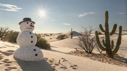 A lonely snowman stands sentinel in a sun-drenched desert landscape.A stark contrast-snow and sand, a snowman in the desert.