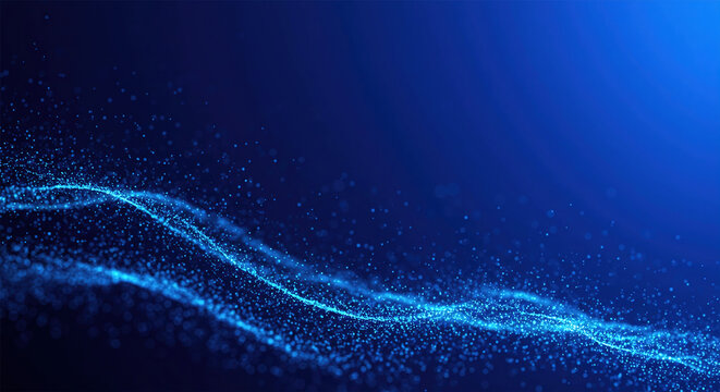 Background with glowing Royal blue color  and Periwinkle color lines, particles of data flowing in the air.