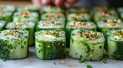 Hand arranging cucumber sushi rolls on parchment paper; background shows more rolls