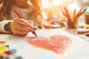 A child draws a red heart on paper with crayons, surrounded by colorful art supplies. A warm and creative moment perfect for themes of love, Valentine's Day, and artistic expression